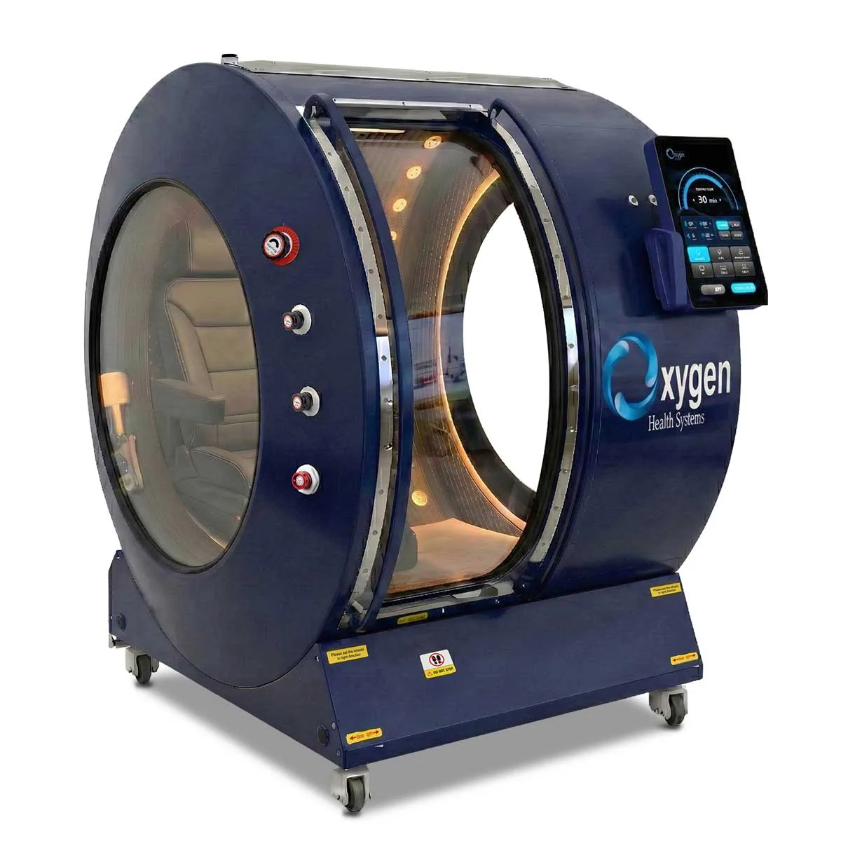 Vital Sphere 360 deep blue upright walk-in hard-shell hyperbaric oxygen chamber with illuminated interior and external touchscreen panel