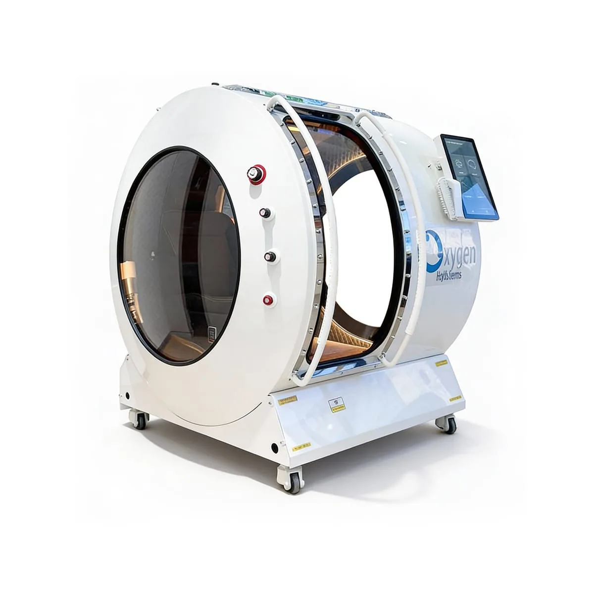 Vital Sphere 360 white upright walk-in hard-shell hyperbaric oxygen chamber on caster wheels with polycarbonate window and touchscreen control panel