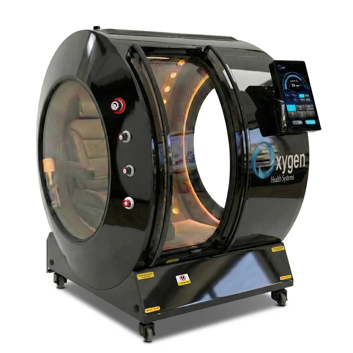 Vital Sphere 360 glossy black upright walk-in hard-shell hyperbaric oxygen chamber with illuminated interior and external touchscreen panel