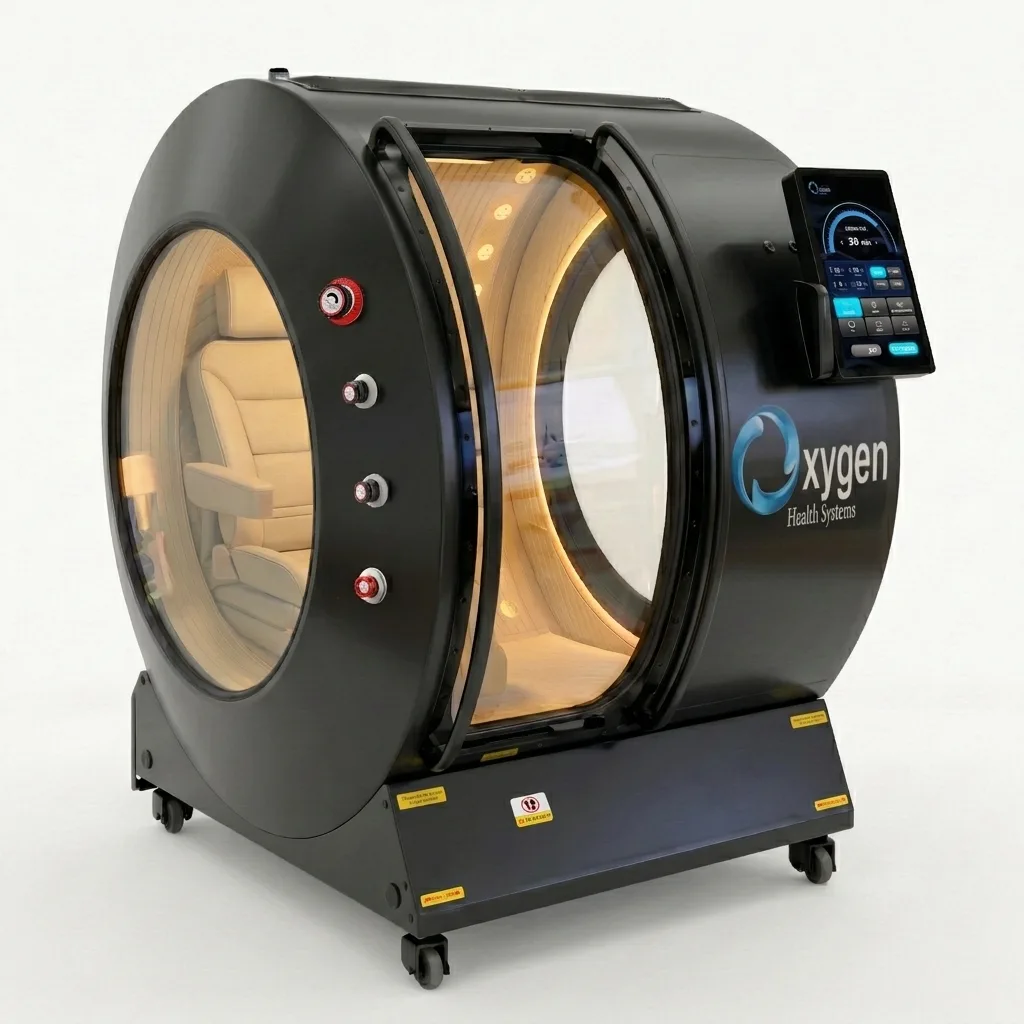 Vital Sphere 360 satin black hard-shell hyperbaric oxygen chamber on caster wheels with a large oval viewing window, warm-lit cream interior seating, and external touchscreen control panel