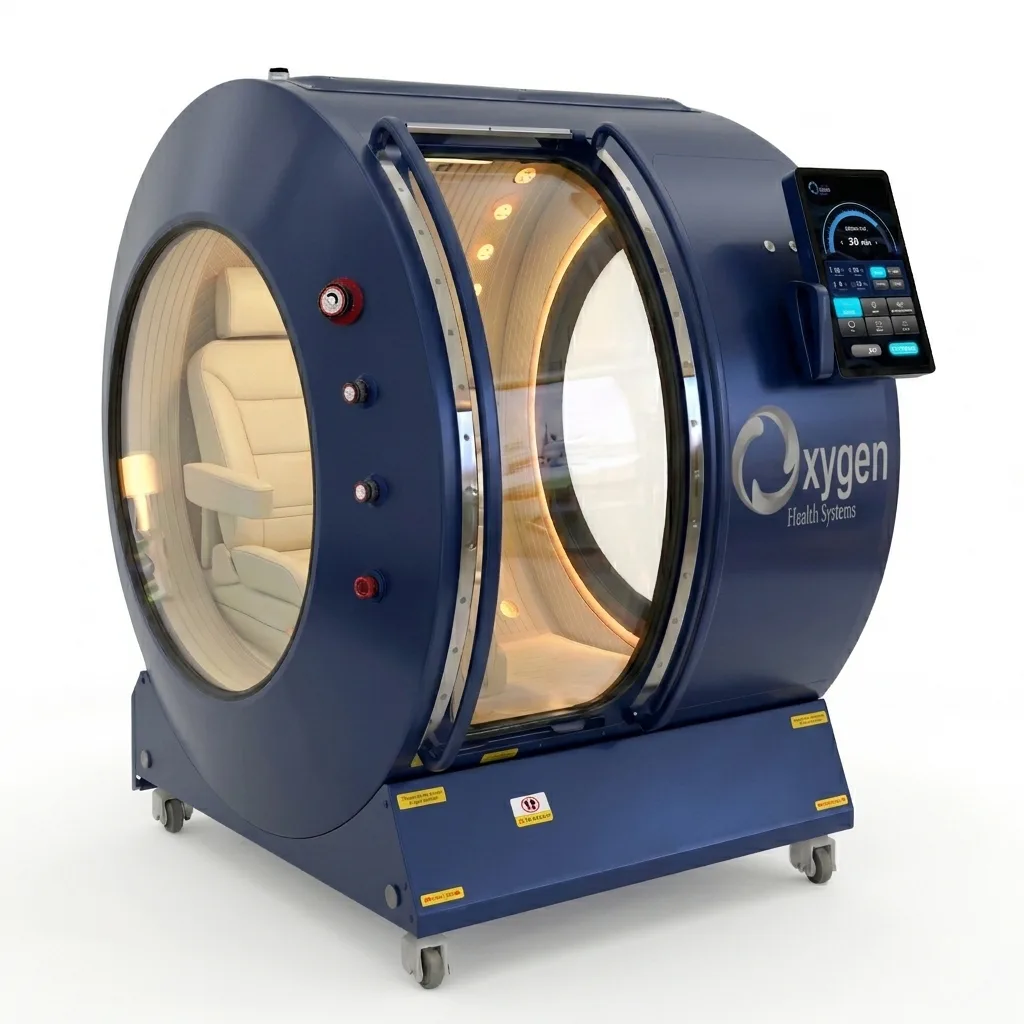 Vital Sphere 360 satin navy blue hard-shell hyperbaric oxygen chamber on caster wheels with a large oval viewing window, warm-lit cream interior seating, and external touchscreen control panel