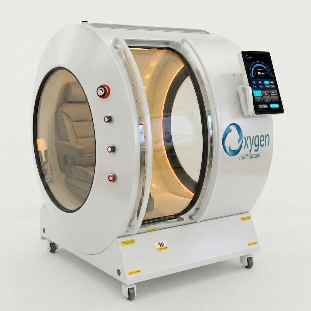 Vital Sphere 360 satin white hard-shell hyperbaric oxygen chamber on caster wheels with a large oval viewing window, warm-lit cream interior seating, and external touchscreen control panel