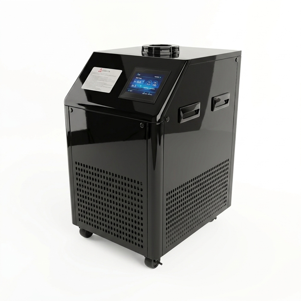 Air conditioning unit — glossy black portable cabinet on casters with touchscreen control panel, side handles, and perforated ventilation grilles