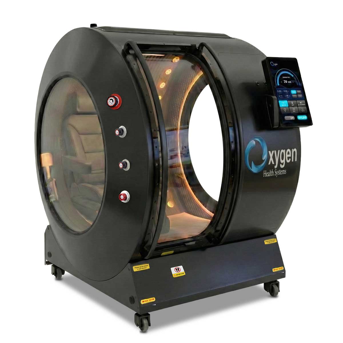 Vital Sphere 360 matte black upright walk-in hard-shell hyperbaric oxygen chamber with illuminated interior and external touchscreen panel