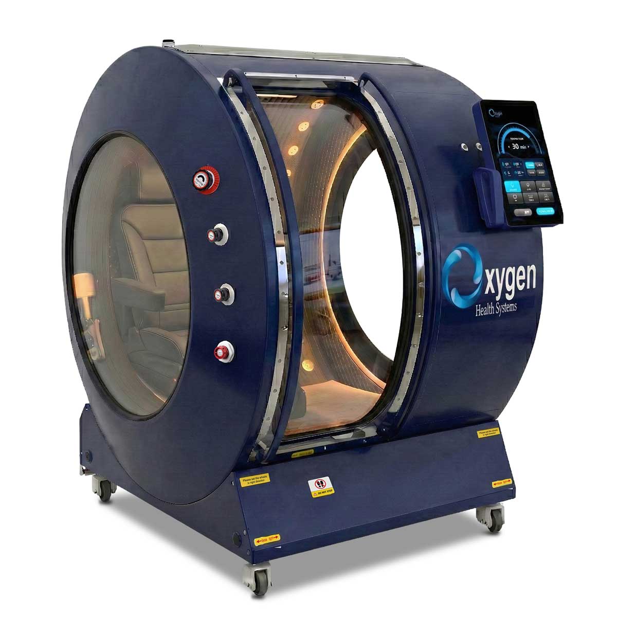 Vital Sphere 360 deep blue upright walk-in hard-shell hyperbaric oxygen chamber with illuminated interior and external touchscreen panel