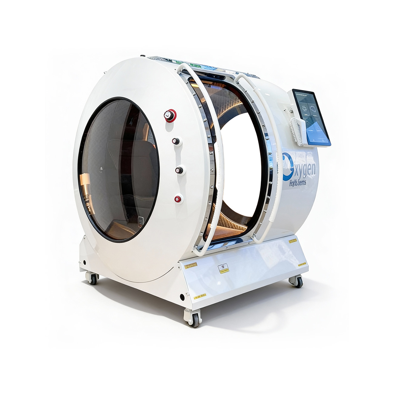 Vital Sphere 360 white upright walk-in hard-shell hyperbaric oxygen chamber on caster wheels with polycarbonate window and touchscreen control panel